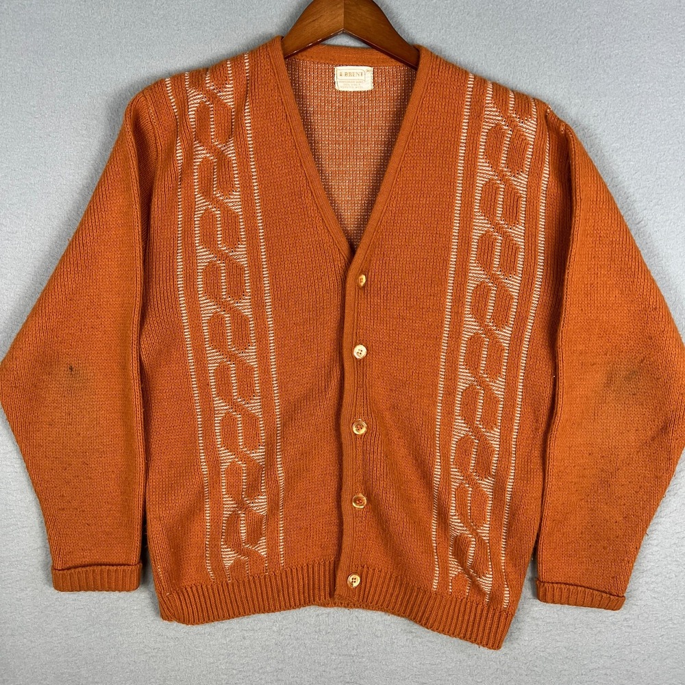 VTG 60s Brent Wool Cardigan Sweater Fits S Orange Geometric Mod Montgomery Ward